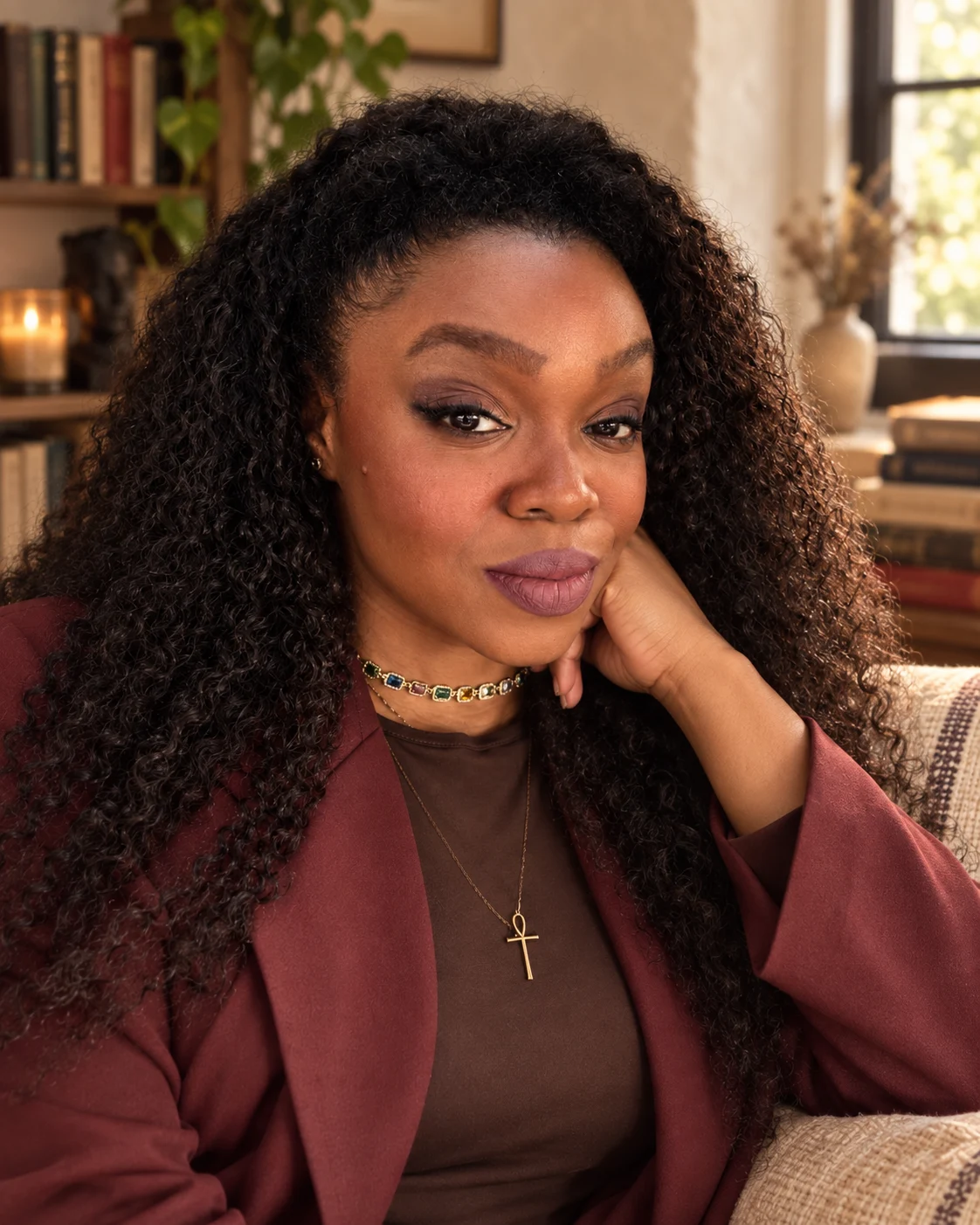 Sabrina Danielle with dark curls and a burgundy jacket, resting her cheek in her hand in a warm reading room.